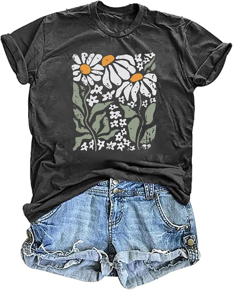 T Shirts for Women Graphic Tees Vintage Printed Short Sleeve Shirt Crewneck Loose Fitting Tops Ca... | Amazon (US)