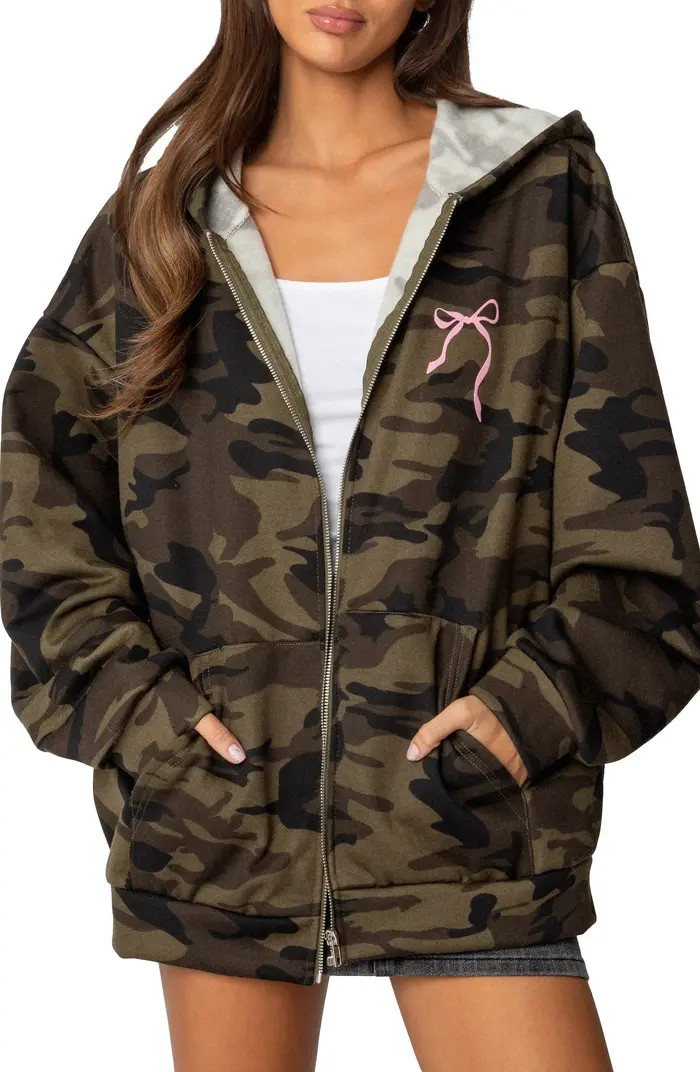 Camo Bow Detail Oversize Zip Hoodie | Nordstrom