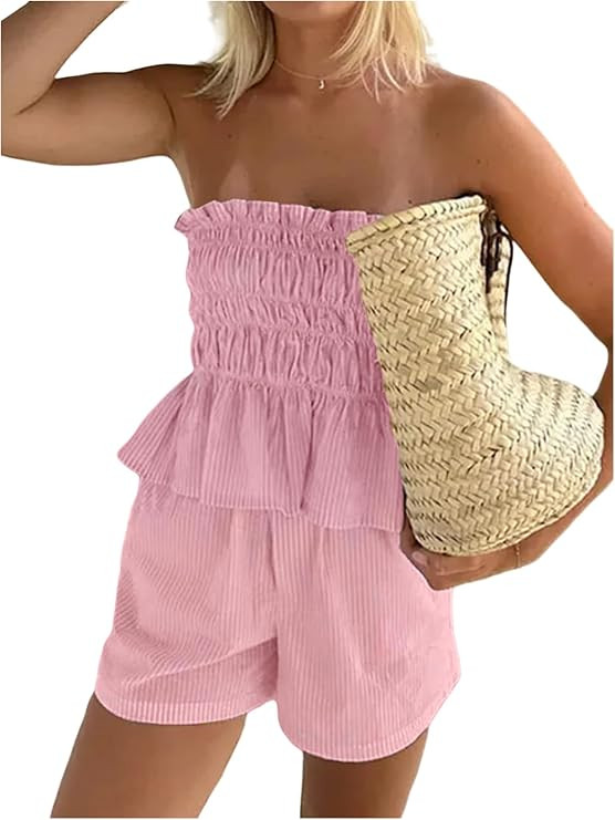 Women 2 Piece Outfits Ruffle Stripe Shorts Set 2026 Summer Off Shoulder Smocked Crop Top Mini Sho... | Amazon (US)