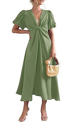 Heltapy Women Puff Sleeve Maxi Dress Twist Front V Neck Long Dresses Casual Summer Beach Midi Dress Green | Amazon (US)