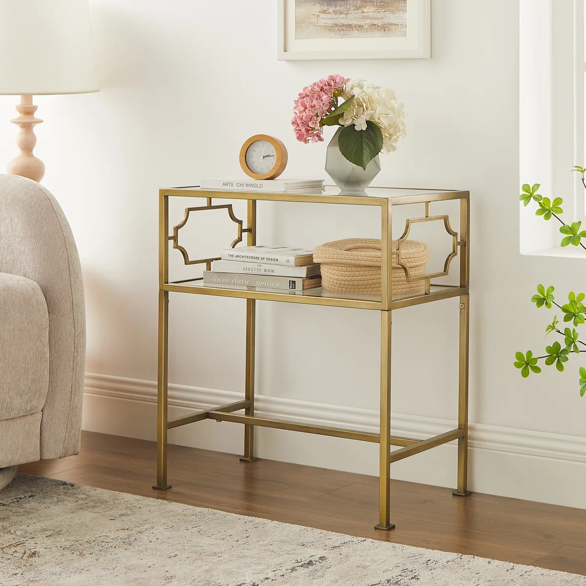 Gretna Rectangular Antique Gold Metal And Glass Accent Table | Wayfair North America