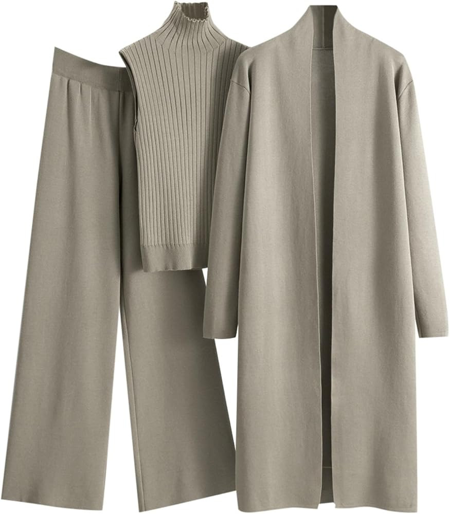 Women's 3 Piece Knit Lounge Set, Long Sleeve Cardigan Sleeveless Turtleneck Tank Top and Wide Leg... | Amazon (US)