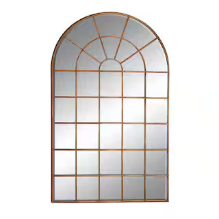 Litton Lane 56 in. x 34 in. Window Pane Inspired Arched Framed Brown Wall Mirror with Arched Top ... | The Home Depot