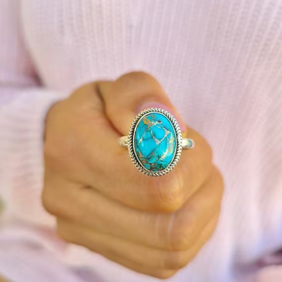 Genuine Turquoise Ring, Silver Turquoise Ring, Copper Turquoise Ring, Sterling Silver Ring, Blue ... | Etsy (US)