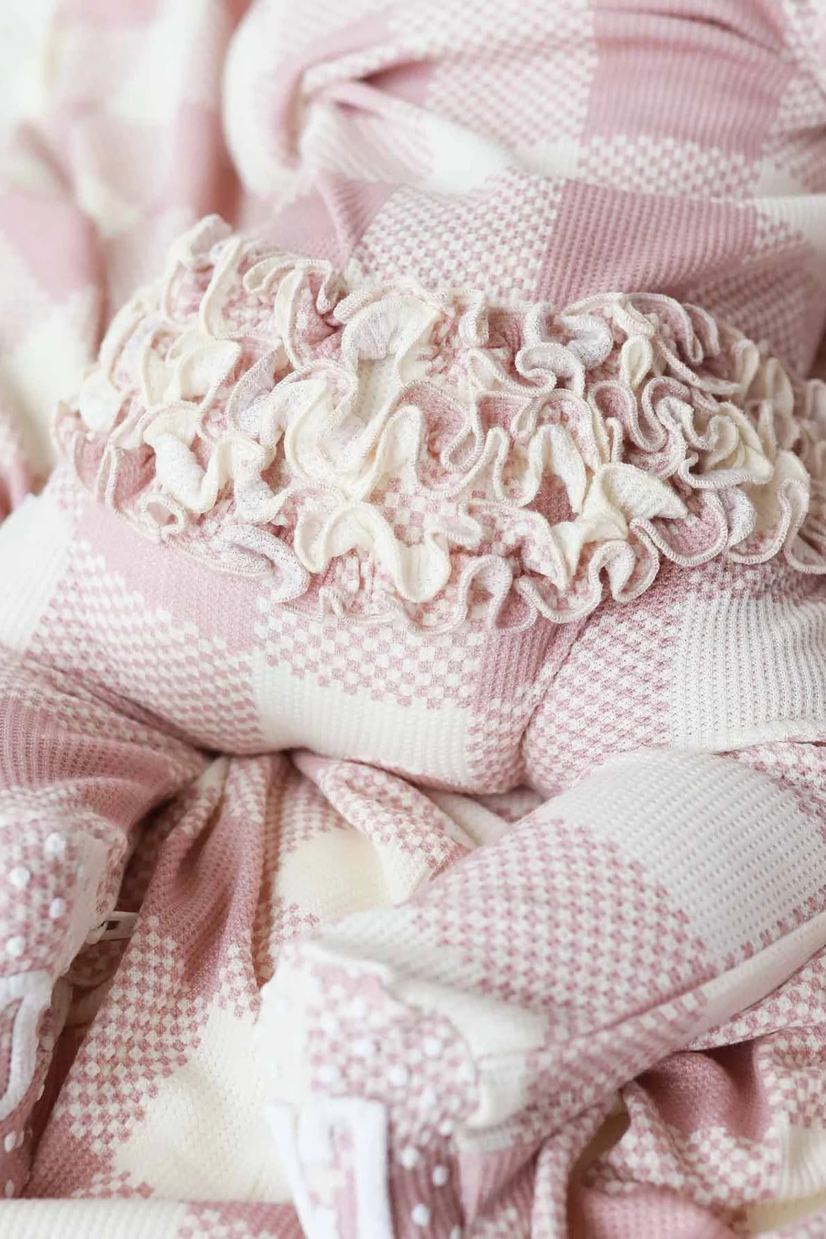 Big Check Bamboo Waffle Zipper Ruffle Footie | Rosy | Caden Lane