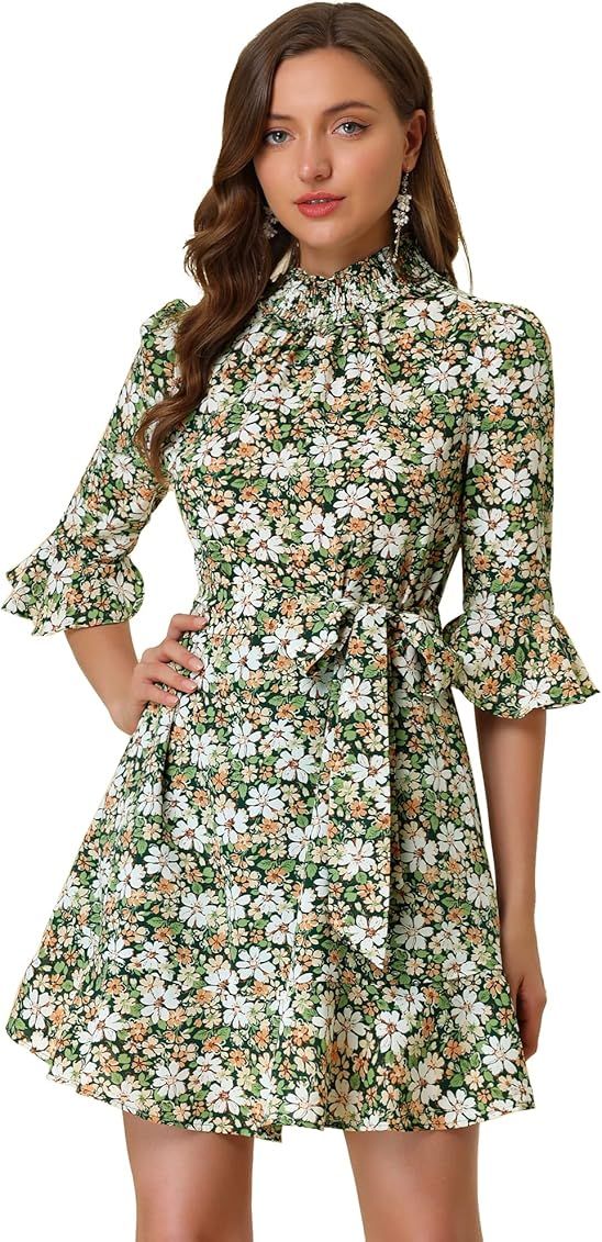 Allegra K Women's Floral 3/4 Bell Sleeve Smocked Belted Flare Ruffle Dress | Amazon (US)
