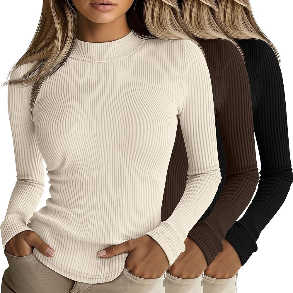 Riyiper 3 Pack Women's Turtleneck Long Sleeve Shirts, Ribbed Slim Fitted Mock Neck Tops Knit Casu... | Amazon (US)