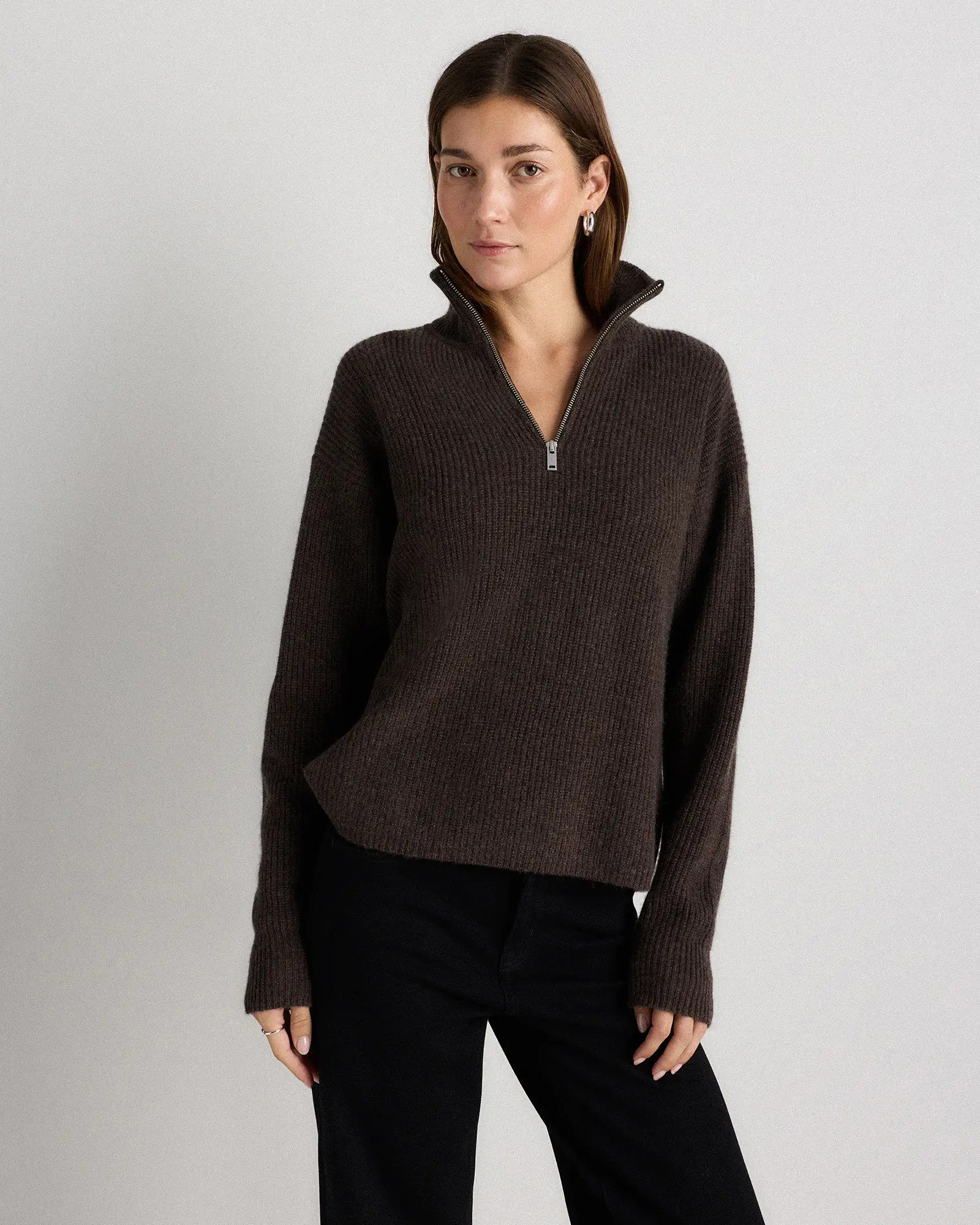 Mongolian Cashmere Fisherman Quarter Zip Sweater in Heather Truffle Brown | Quince
