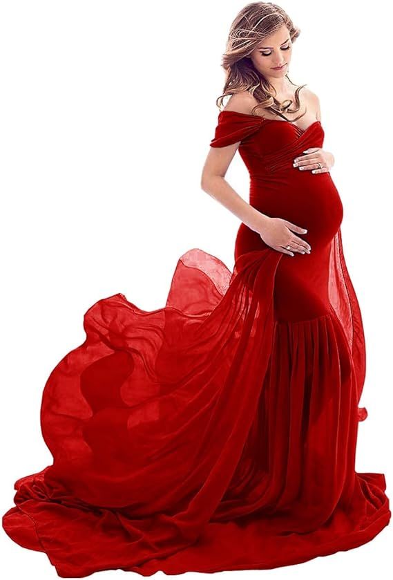 ZIUMUDY Maternity Chiffon Mermaid Gown Off Shoulder Dropped Sleeve Fitted Photo Shoot Photography... | Amazon (US)