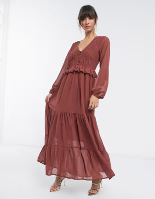 ASOS DESIGN shirred ruffle tiered maxi dress in brown | ASOS (Global)