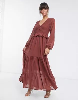 ASOS DESIGN shirred ruffle tiered maxi dress in brown | ASOS (Global)