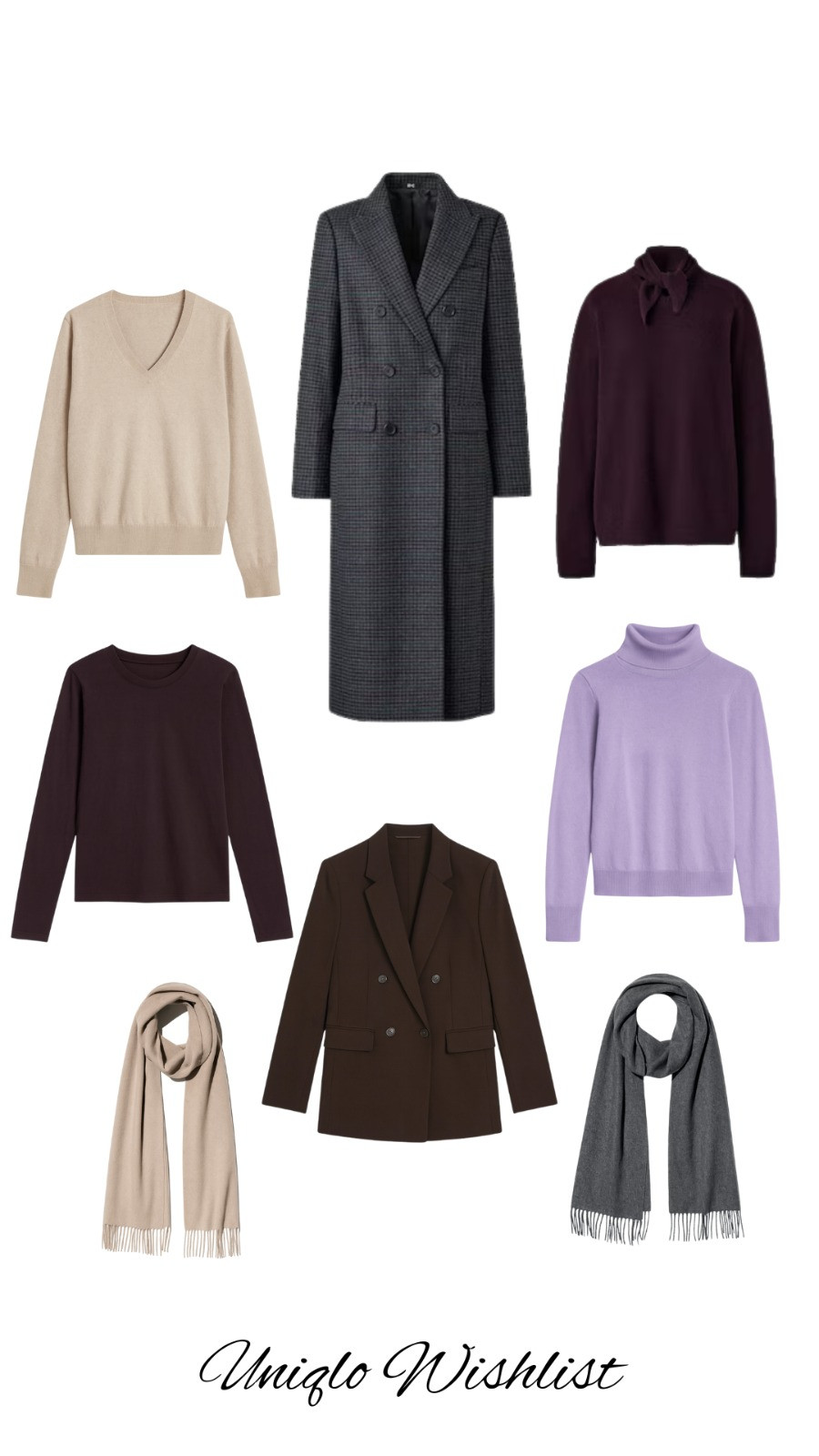 Uniqlo Wishlist, Uniqlo cashmere scarf, cashmere V neck, double breasted jacket, long coat, Heattech t-shirt, cashmere turtleneck jumper, relaxed crewneck 

 #LTKuk #LTKautumn #LTKwinter