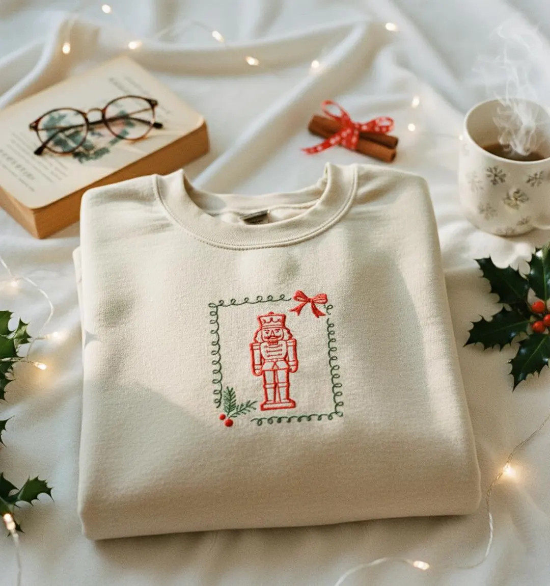 Embroidered Nutcracker Christmas Sweatshirt with Bow and Holly Frame Design | Etsy (US)