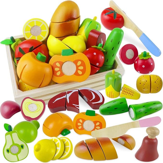 Wooden Play Food Sets for Kids Kitchen Toddlers Wood Toys Cutting Fruit Pretend Food Play Kitchen... | Amazon (US)