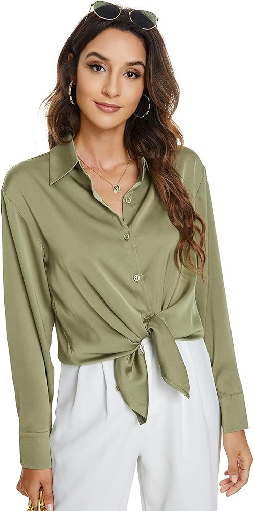 Atnlewhi Womens Long Sleeve Button Down Satin Silk Shirts Casual Business Smooth Blouse Tops | Amazon (US)