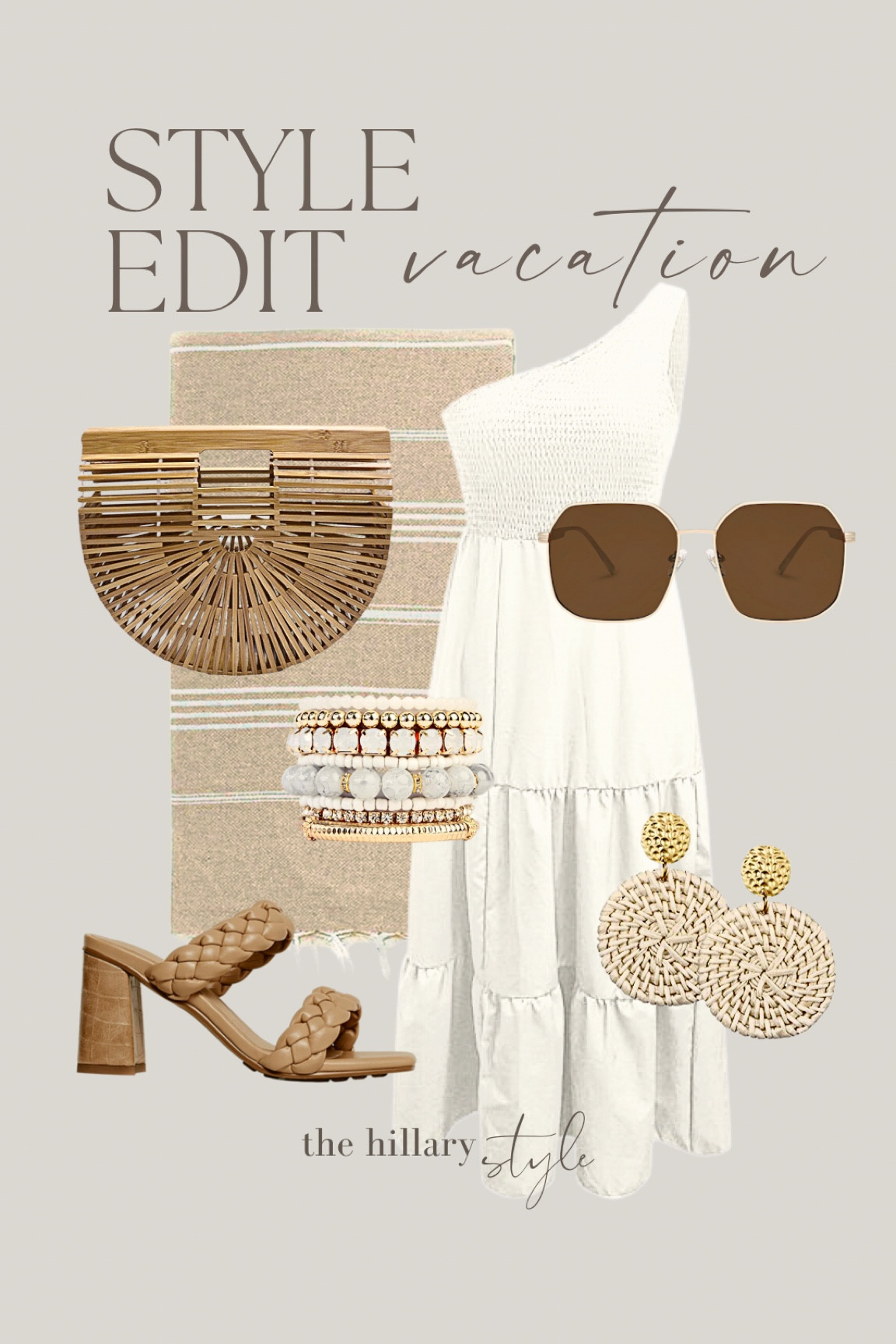 The Style Edit: Vacation. Sundress, Block Heel Sandals, Straw Handbag, Bracelet Stack, Earring. Vacation outfit, Spring Break Outfit 

#LTKstyletip #LTKFind #LTKfit