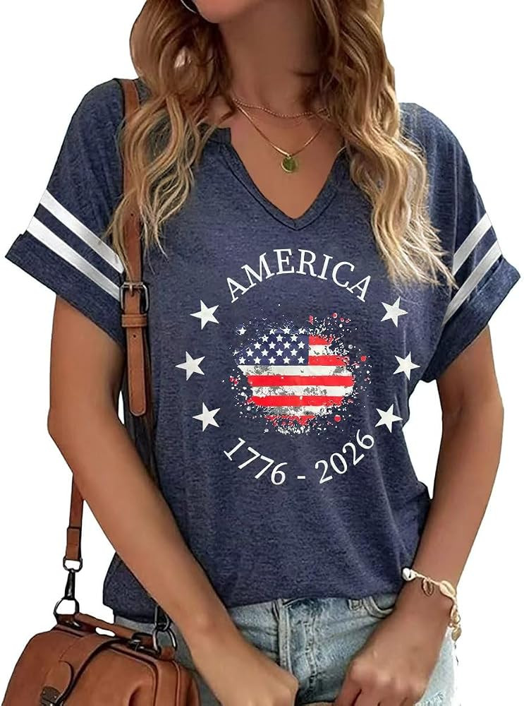 Womens 4th of July V Neck Shirt American Flag Graphic Short Sleeve Patriotic Tee Casual Summer To... | Amazon (US)