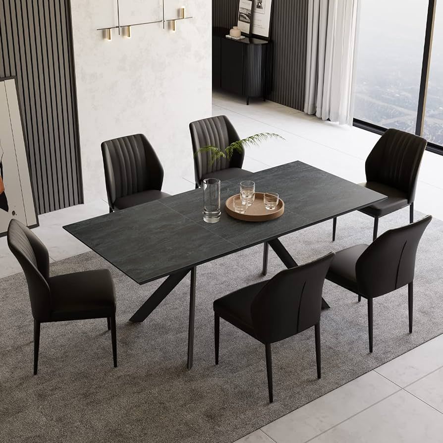 jiexi Extendable Dining Table Set for 6-8, Rectangular MDF Slate Stone Color Top with 6 Faux Leather Dining, Modern Kitchen Table with Extension Leaf, Extendable 55'' to 71'' for Kitchen Restaurant | Amazon (US)