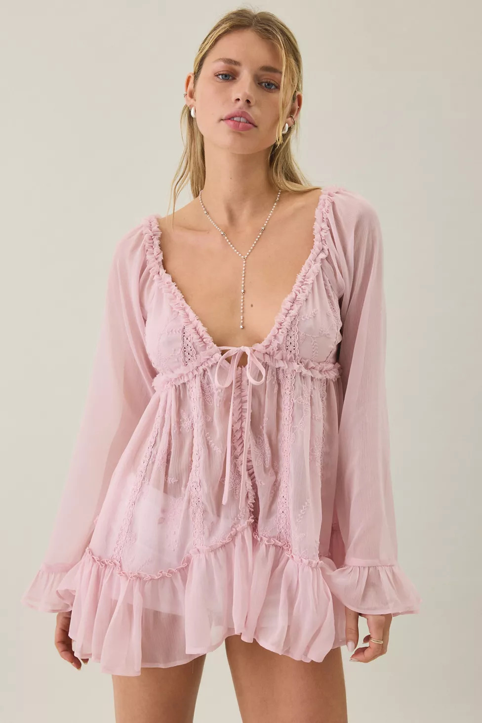Kimchi Blue Belle Ruffle Chiffon Long Sleeve Tunic Top | Urban Outfitters (US and RoW)
