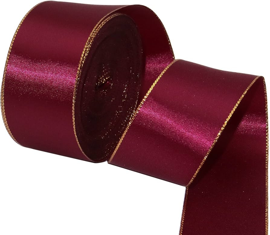 David accessories Wine Satin Ribbon with Gold Edges 1.5 Inch Wide 20 Yards, Gold Border Fabric Ri... | Amazon (US)