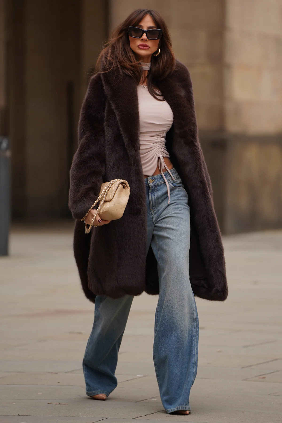 Slopeside | Brown Long Belted Faux Fur Coat | Club L London