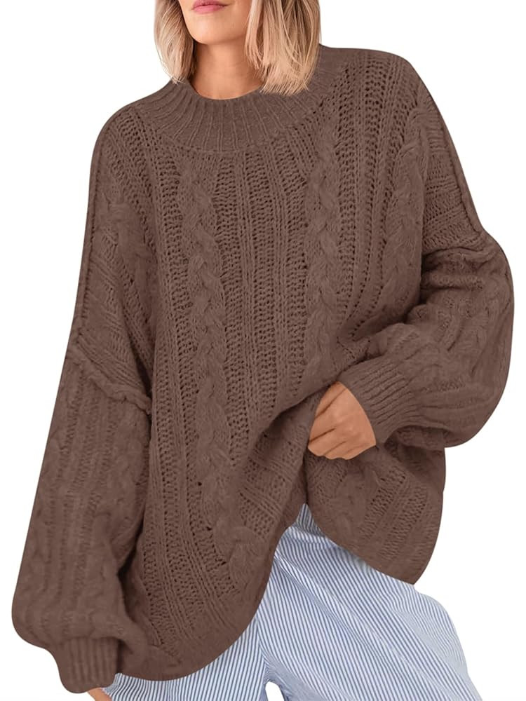 Saodimallsu Womens Oversized Sweaters Chunky Cable Knit Crew Neck Casual Long Lantern Sleeve Fall... | Amazon (US)