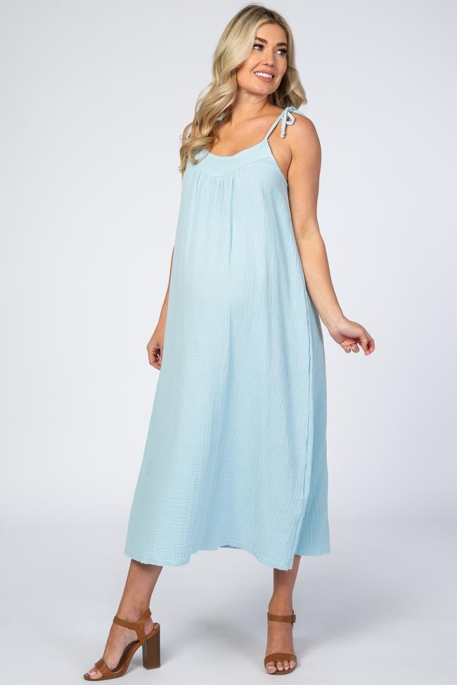 Light Blue Shoulder Tie Maternity Maxi Dress | PinkBlush Maternity