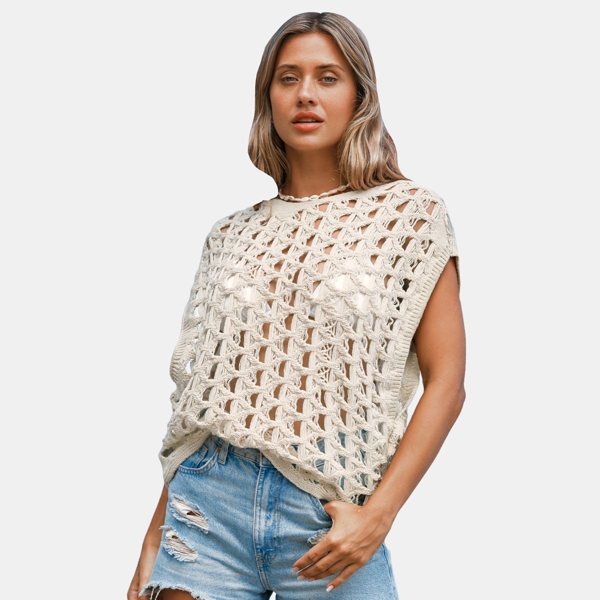 Women's Khaki Crochet & Fray Cover-Up Top - Cupshe | Target