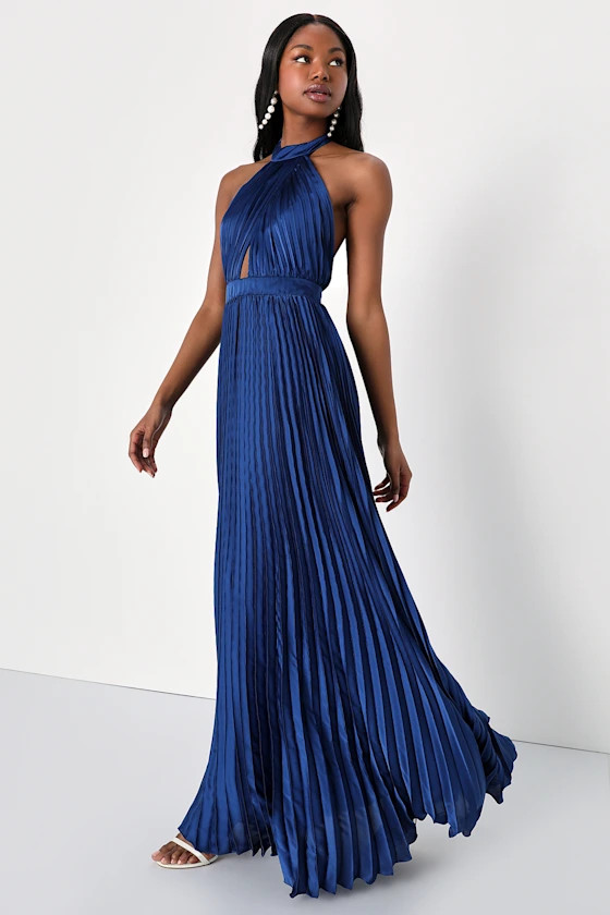 Midnight Moves Navy Blue Pleated Satin Cutout Halter Maxi Dress | Lulus (US)