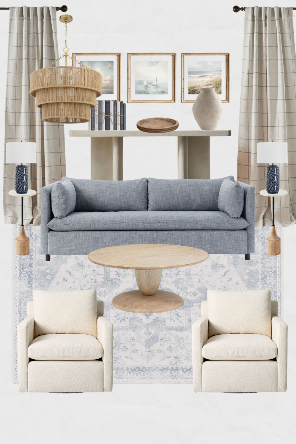 Coastal Living Room Moodboard, Coastal Home, Blue Sofa, White Accent Chairs, Coastal Decor, Coastal Living Room Design Ideas, Rattan Chandelier

#homedecor #coastalhome #coastallivingroom #coastaldecor #bluesofa #coastalinteriordesign #homeinspo #instahome 

 #LTKHome #LTKSaleAlert