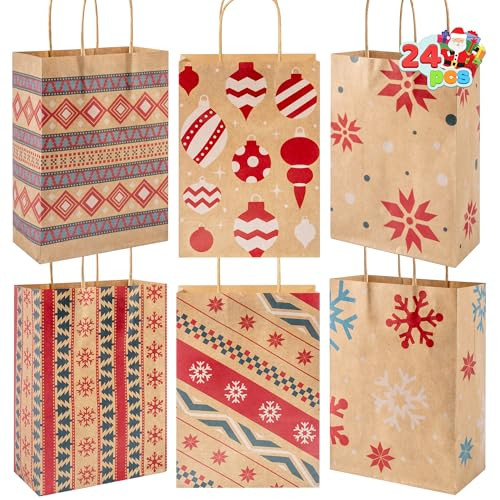 JOYIN 24 PCS Christmas Kraft Gift Bags Xmas Paper Goody Wrap Bags with Durable Handles and Non-Breaking Bottoms for Holidays, Birthdays, Classrooms and Party Favors (8.27 x 5.91 x 3.15) | Amazon (US)