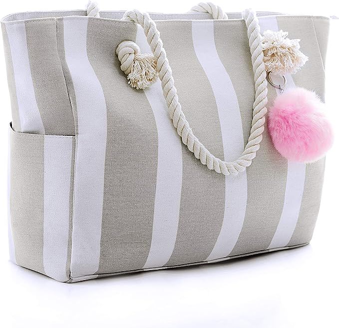 Large Canvas Shoulder Bag - Beach Tote with Cotton Rope Handles and Cute Pompom | Amazon (US)