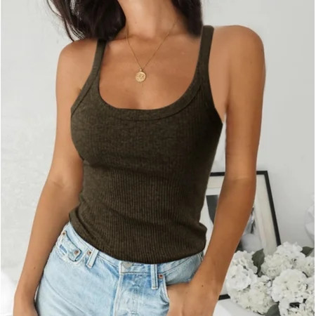 Women s Scoop Neck Ribbed Tank Tops Workout Sleeveless Summer Casual Fitted Cami Shirt | Walmart (US)