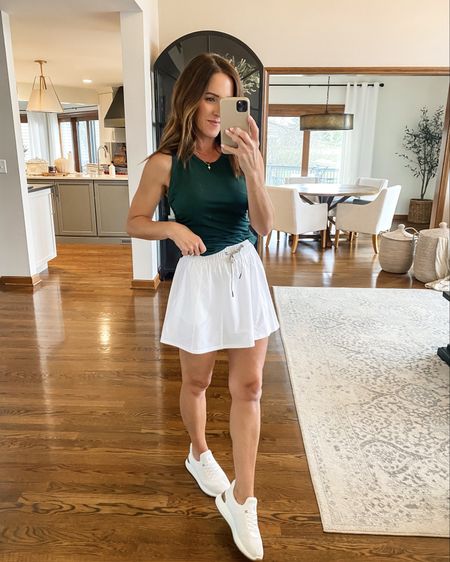 Athleisure. Sports mom style. 
S tank- side ruched detail. 
XS skort - so light & airy 🙌🏻
Sneakers tts - love the slip on style 

#LTKSeasonal #LTKfitness #LTKover40