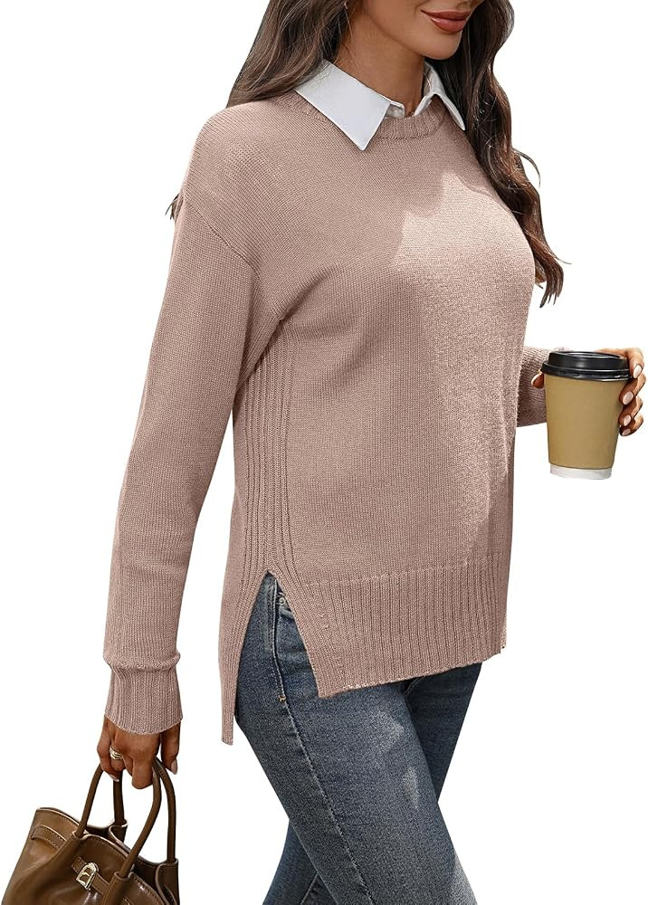 Women's Merino Wool Blend Sweater Crew Neck Side Slit Pullover | Amazon (US)