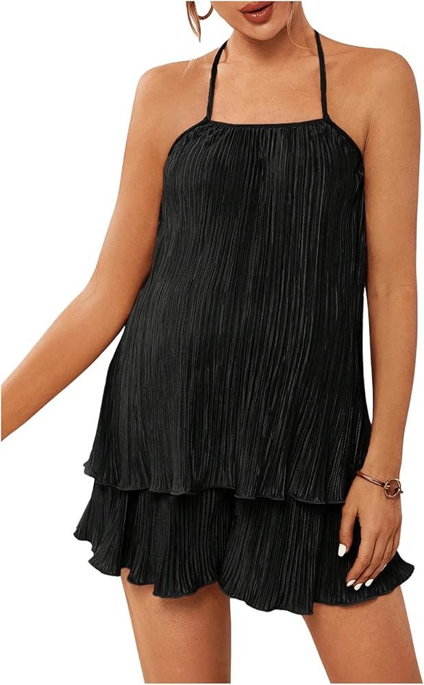 OYOANGLE Women's Maternity 2 Piece Pajamas Outfits Textured Cami Halter Top and Shorts Lounge Set | Amazon (US)