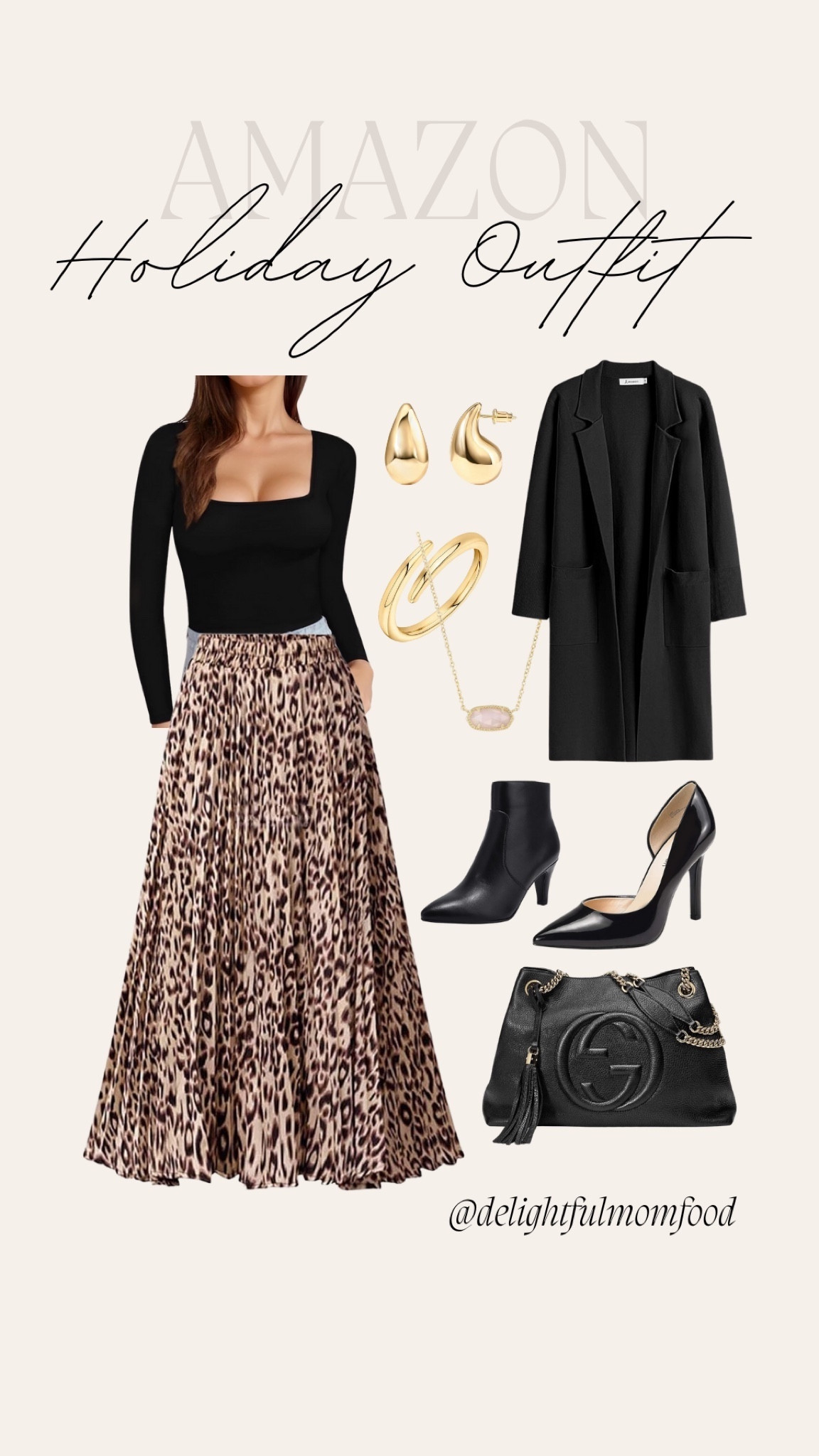 Holiday outfit inspired from Amazon! Leprosariums print skirt, fitted black long sleeve shirt, long black jacket, black booties, black heals, Gucci handbag, gold jewelry.

Thanksgiving outfit
Friendsgiving outfits
Holiday party outfits
Holiday skirts
Holiday outfits
Fall outfit
Fall outfits
Fall looks

#ltkseasonal

#LTKSeasonal #LTKparties #LTKHoliday