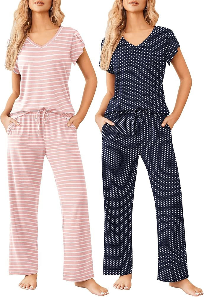 Ekouaer 2 Pack Womens Pajamas Short Sleeve Sleepwear Top with Pants Super-Soft Printed Lounge Set... | Amazon (US)