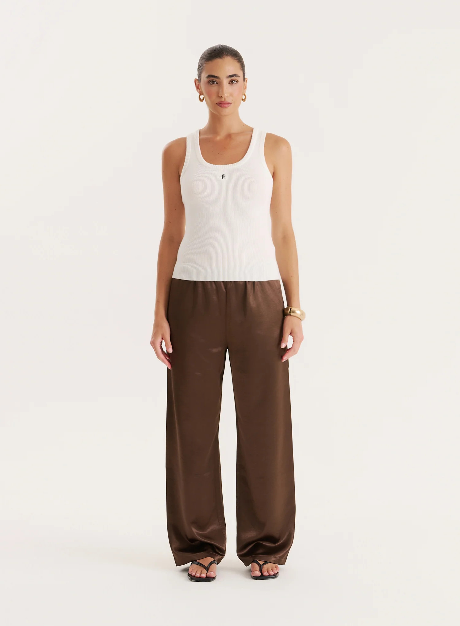 Chocolate Satin Elasticated Waist Wide Leg Trouser- Shelby | 4th & Reckless