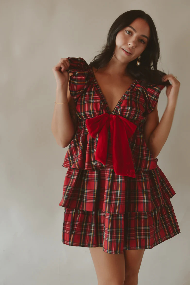 Evelyn Red Plaid Tiered Mini Dress | Confête