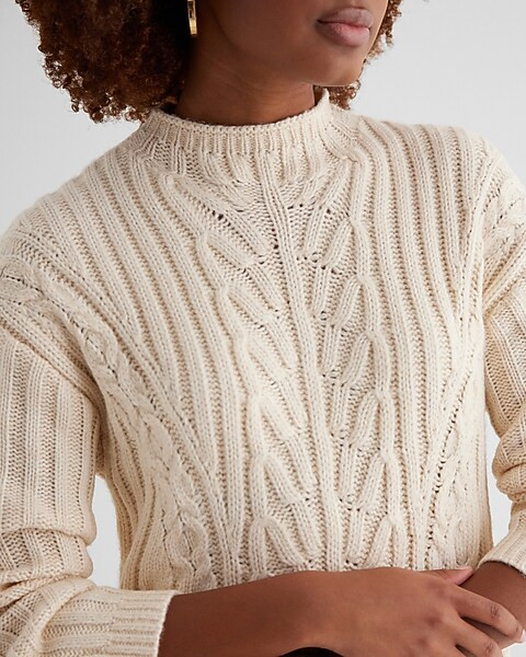 Cable Knit Mock Neck Long Sleeve Mini Sweater Dress | Express