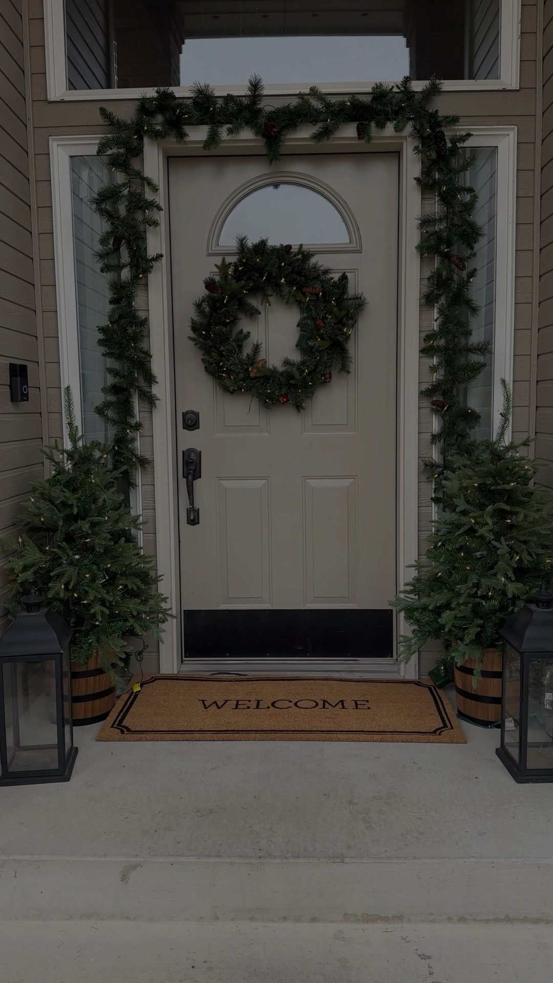 Simple holiday entry, outdoor garland, Christmas door, Christmas entry, Christmas decor, affordable Christmas, welcome mat, Christmas trees, Christmas tree 