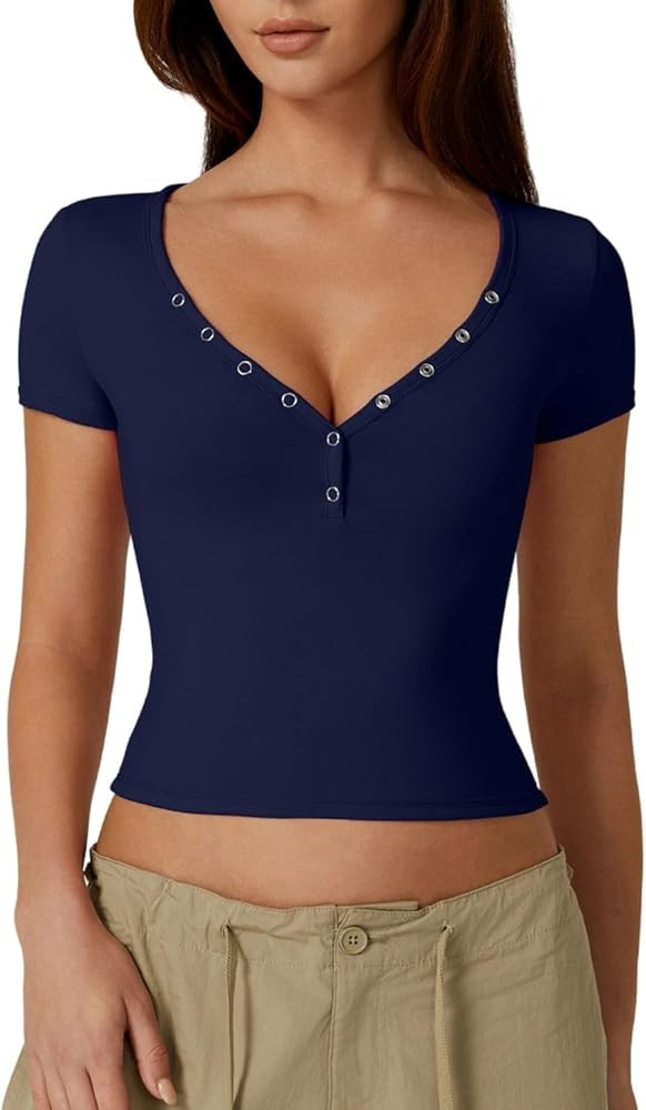 QINSEN Women's Sexy Short Sleeve Henley T Shirts Double Lined Button Up Slim Fit Crop Top Y2K Goi... | Amazon (US)