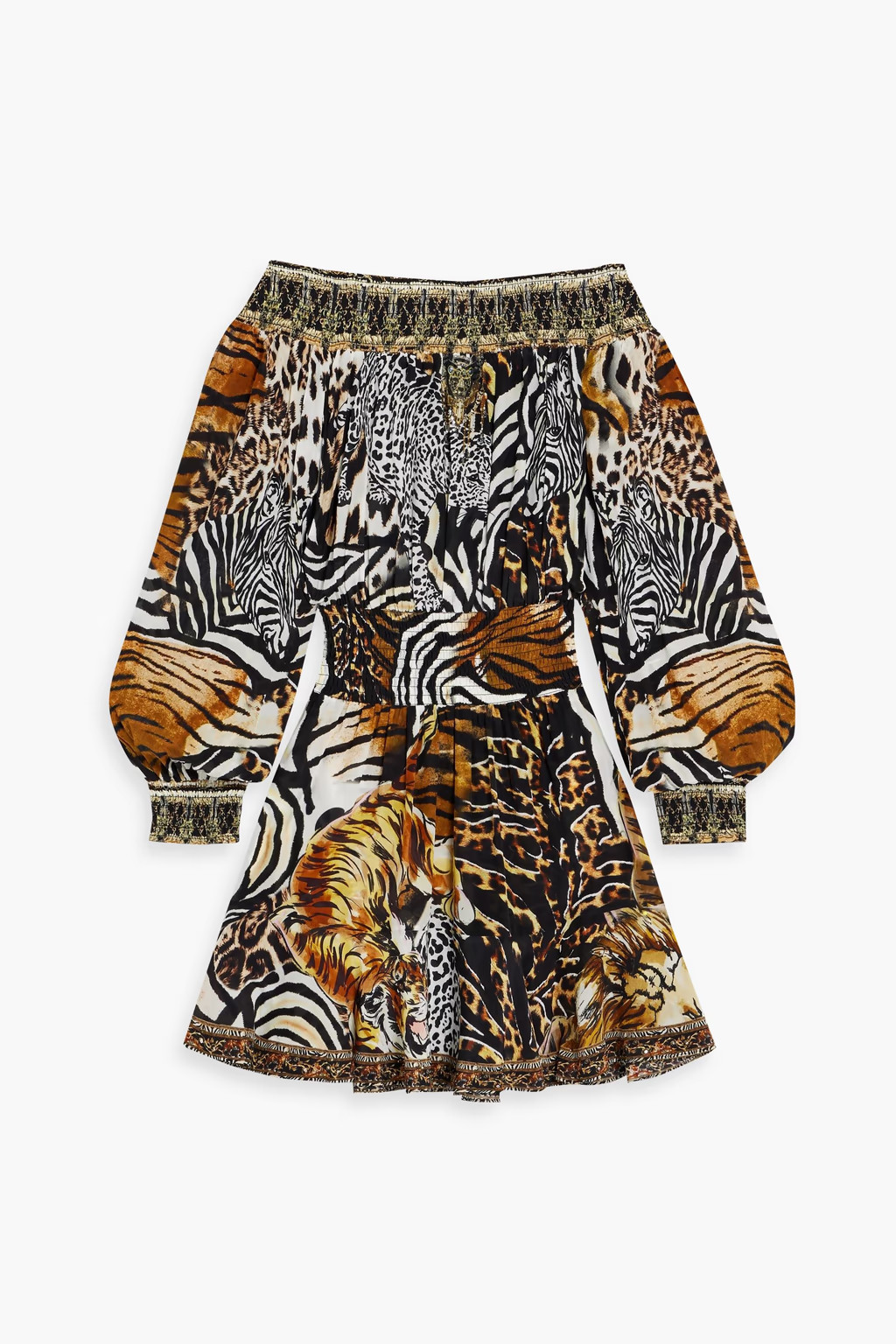 Off-the-shoulder crystal-embellished printed silk crepe de chine mini dress | The Outnet (US and CA)