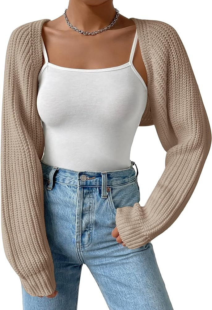 Women's Long Sleeve Open Front Knitted Crop Cardigan Drop Shoulder Knit Bolero Shrug Sweater | Amazon (US)