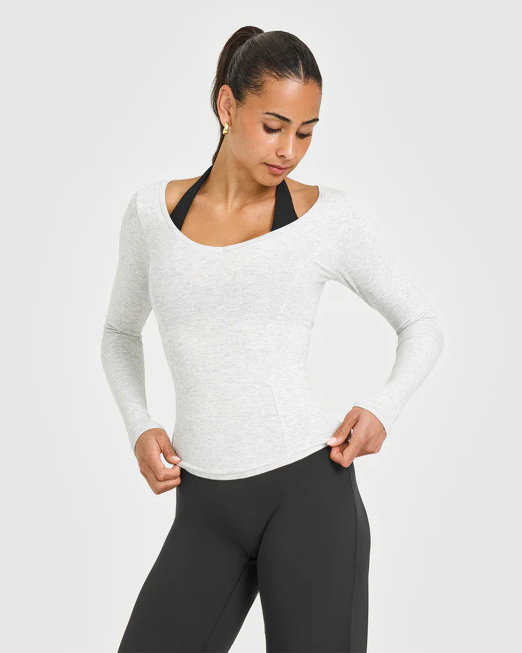 Mellow™ Rib V Neck Long Sleeve Top 
 Light Grey Marl | Oner Active (UK / US)