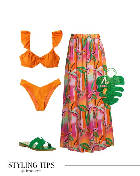 A bikini swimsuit (SALE) paired with a maxi skirt, slide sandals (SALE) and handbag makes a perfect resort wear or summer beach outfit. 
.
.
.
.
.
.
Beach outfits | beach bag | vacation outfits | pool outfit | Resort outfits | Ruffle bikini | bikini set | bikini top | high waisted bikini | orange bikini | swimsuits 2023 | bathing suit | skirt outfit | beach skirt | floral maxi skirt | long skirt | maxing skirt outfit | summer skirt | sandals 2023 | summer sandals | green sandals | comfy sandals | casual sandals | summer bag | outfit inspo | outfit ideas 

#LTKSeasonal #LTKFind #LTKU #LTKxNSale #LTKcurves #LTKitbag #LTKsalealert #LTKshoecrush #LTKstyletip #LTKtravel #LTKunder50 #LTKunder100 #LTKswim
