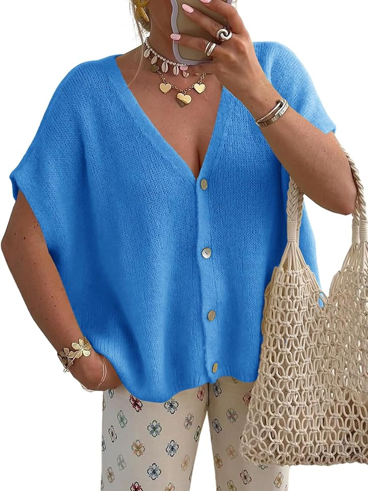 Saodimallsu Womens Fall Oversized Cardigans Batwing Short Sleeve Lightweight Button V Neck Casual... | Amazon (US)