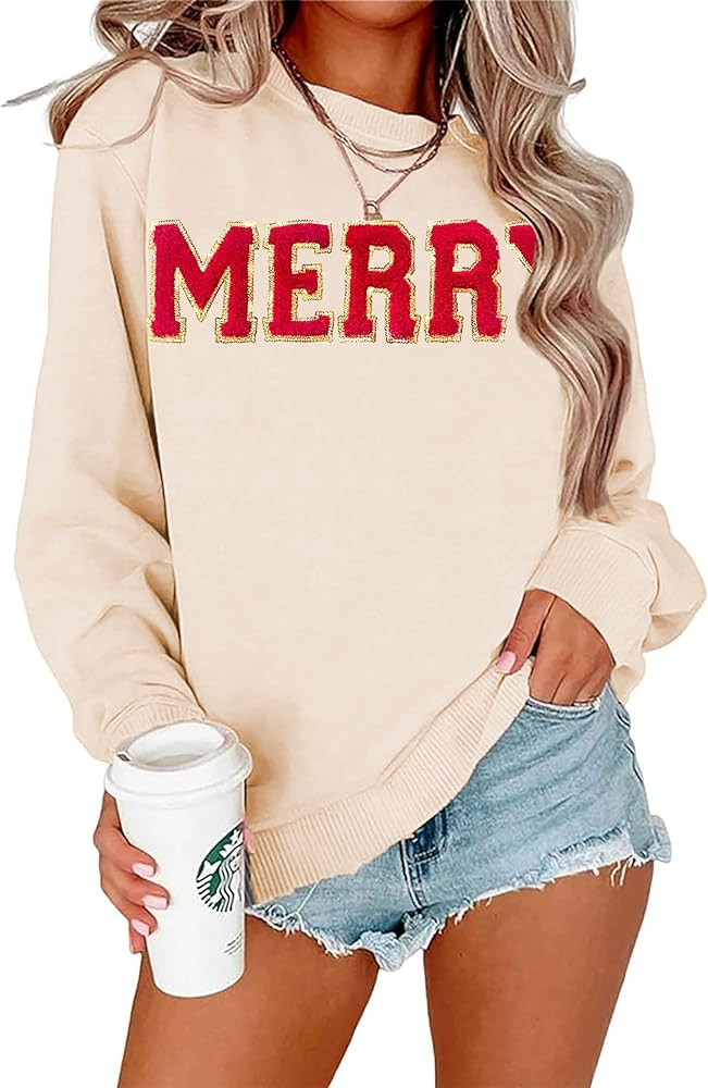 YALUCOR Women Christmas Sweatshirts Merry Christmas Pullover Tops Glitter Chenille Patch Merry Sw... | Amazon (US)