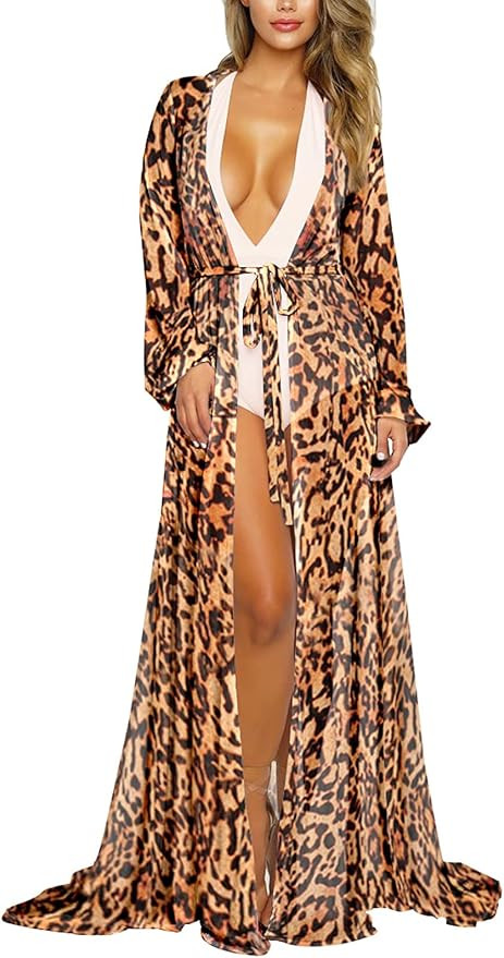 Pink Queen Women's Long Sleeve Flowy Maxi Bathing Suit Swimsuit Tie Front Robe Cover Up | Amazon (US)